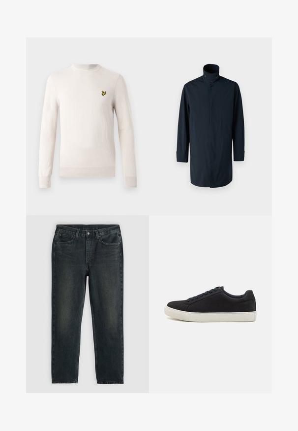 Jūrų mėlynumo vėjo striukė su aukštu apykakle, dvigubu mygtukų užsegimu, ilgomis rankovėmis ir šoninėmis kišenėmis. Pagaminta iš lengvos, vandeniui atsparios medžiagos.; Šviesiai smėlio spalvos megztinis su ilgomis rankovėmis, apvalia apykakle ir banguotu apačios kraštu. Ant krūtinės yra mažas juodai geltonas siuvinėtas logotipas.; Tamsiai mėlynos džinsinės kelnės su tiesiu kirpimu, turinčios penkias kišenes, užtrauktuką ir kontrastingas siūles. Audinys šiek tiek nublukęs.; Juodas zomšinės sportbačiai su apvaliu nosiu, balta guma padais, kontrastingais mėlynais raišteliais ir lygia tekstūra. Minimalistinis dizainas be matomo logotipo.