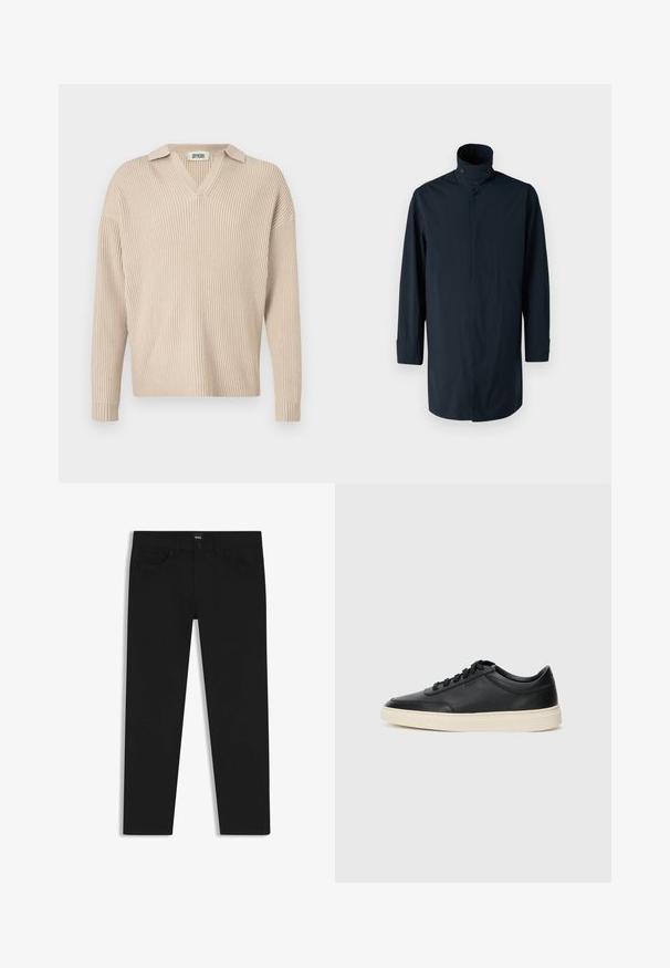 Marineblaue Windbreaker-Jacke mit hohem Kragen, Doppelknopfverschluss, langen Ärmeln und Seitentaschen. Hergestellt aus leichtem, wasserabweisendem Material.; Beige gerippter Strickpullover mit V-Ausschnitt und Kragen, mit langen Ärmeln und einer lockeren Passform, hergestellt aus einem weichen, strukturierten Stoff.; Schwarze Denim-Hosen mit geradem Schnitt, ausgestattet mit einem Standardbund, fünf Taschen und einem Knopfverschluss. Angenehme, glatte Textur.; Schwarzer niedriger Ledersneaker mit schwarzen Schnürsenkeln und cremefarbenem Sohlenrand, seitlich auf weißem Hintergrund dargestellt.