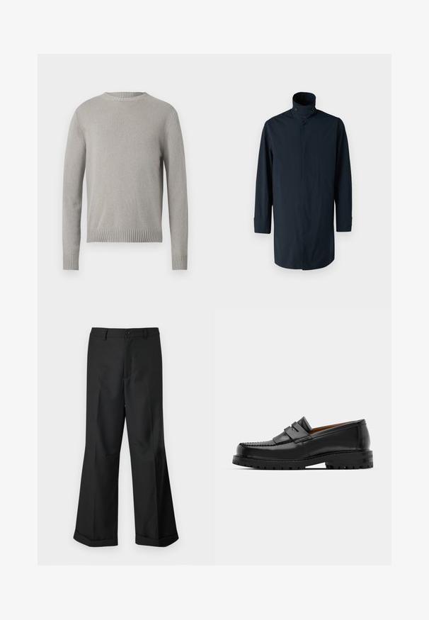 Abrigo tipo windbreaker en color navy con cuello alto, cierre de doble botón, mangas largas y bolsillos laterales. Fabricado en un material ligero y resistente al agua.; Suéter de punto gris claro con cuello redondo, puños y dobladillo acanalados. Presenta una tela texturizada de un color sólido sin patrones.; Pantalones anchos negros con cintura abotonada y dobladillos con puños, exhibidos sobre un fondo blanco liso.; Los mocasines de cuero negro presentan una costura elevada, dos correas decorativas en la parte superior y una suela gruesa y texturizada para mayor agarre.