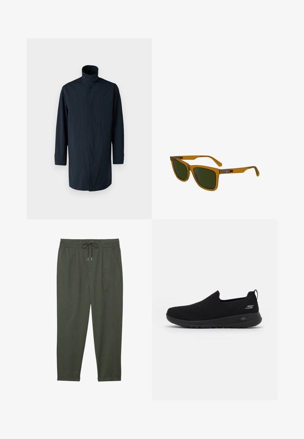 Marineblaue Windbreaker-Jacke mit hohem Kragen, Doppelknopfverschluss, langen Ärmeln und Seitentaschen. Hergestellt aus leichtem, wasserabweisendem Material.; Langarmhemd in navyblau und cremefarbenem Karomuster, mit Knopfdown-Kragen, aus Baumwollmaterial, mit geschwungener Saumlinie und kontrastierenden Knöpfen.; Dunkelgrüne, leichte, gerade Hosen mit elastischem Bund, Kordelzug, seitlichen Taschen und umgeschlagenen Säumen. Glatte Textur.; Schwarzer Slip-On Sneaker mit atmungsaktivem Mesh-Obermaterial, runder Zehenpartie und gepolsterter Gummisohle. Mit einem Logo an der Seite.; Braune transparente Sonnenbrille mit grünen Gläsern, rechteckiger Form, leicht winkligen Bügeln und silberfarbenen Metalldetails an den Armen.