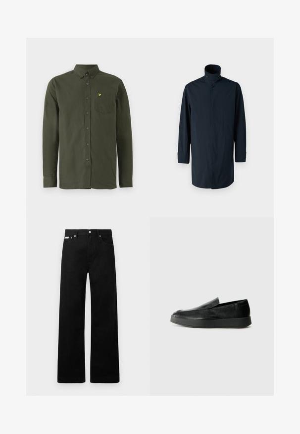Abrigo tipo windbreaker en color navy con cuello alto, cierre de doble botón, mangas largas y bolsillos laterales. Fabricado en un material ligero y resistente al agua.; Camisa de manga larga de color verde oscuro con botones, cuello abotonado, bolsillo en el pecho y pequeño logo de pájaro bordado en amarillo en el bolsillo.; Pantalones de mezclilla negros con un diseño de pierna ancha, que cuentan con cinco bolsillos y herrajes de botón metálico. Textura suave, sin patrones visibles.; Calvin Klein HYBRID CUP - Zapatos sin cordones - triple black
