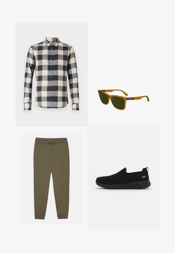Mornarska jakna z visokim ovratnikom, dvojnim gumbom, dolgimi rokavi in stranskimi žepi. Narejena iz lahkega, vodoodpornega materiala.; Srajca z dolgimi rokavi v mornarsko modri in kremni karirasti vzorec, s ovratnikom na gumb, iz bombaža, z zaobljenim robom in kontrastnimi gumbi.; Olivnozelene trenirke z elastičnim pasom, vezalko, stranskimi žepi in zoženimi hlačnicami. Narejene iz mehke tkanine z gladko teksturo.; Črne slip-on teniske z zračnim mrežastim zgornjim delom, okroglo špico in oblazinjenim gumijastim podplatom. Imajo logotip na strani.; Rjave prozorne sončne očala z zelenimi lečami, pravokotne oblike, rahlo angulirane temple in srebrni kovinski dodatki na ročajih.