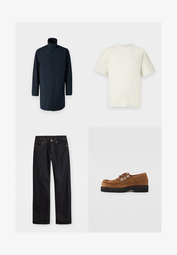 Casaco corta-vento azul-marinho com gola alta, fecho de botão duplo, mangas longas e bolsos laterais. Feito de tecido leve e resistente à água.; T-shirt de malha riscada em bege claro com mangas curtas e decote redondo, exibido contra um fundo branco simples.; Calças de ganga pretas para homem, de pernas retas, com cinco bolsos e costura laranja, fecho de botão e zíper na cintura da frente.; Sapato de camurça castanho com bico redondo, colarinho acolchoado e ilhós decorativos em tom prateado. Sola de borracha preta para tração e estabilidade.