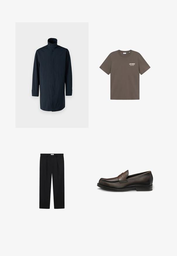 Sini takki tuulta suojaava korkea kaulus, kaksirivinen nappisulku, pitkät hihat ja sivutaskut. Valmistettu kevyestä, vedenpitävästä materiaalista.; Ruskea puuvillapaita, jossa on pyöreä kaula-aukko, lyhyet hihat ja pieni valkoinen logo vasemmassa rinnassa. Silkkinen rakenne, rento istuvuus.; Mustat räätälöidyt housut, joissa on etupleaatit, suora lahjetyyli ja nappikiinnitys. Kangas näyttää sileältä ja siinä on hieman kiiltoa.; Ruske kožne loafer cipele s zaobljenim vrhom, šivanim detaljima i ukrasnom trakom preko stopala. Ravni gumeni đon.