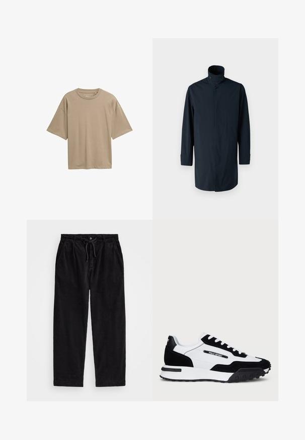 Mornarska jakna z visokim ovratnikom, dvojnim gumbom, dolgimi rokavi in stranskimi žepi. Narejena iz lahkega, vodoodpornega materiala.; Bež majica s kratkimi rokavi, sproščenega kroja, okroglim ovratnikom in gladko teksturo. Brez vidnih vzorcev ali dodatkov.; Črne kord pants z udobnim krojem, ki imajo elastičen pas z vrvico in stranske žepke. Tkanina prikazuje rebrasto teksturo.; Tenisice z zgornjim delom iz črnega usnja in belega usnja, z črnim gumijastim podplatom, belimi vezalkami in logotipom "POLO SPORT" na strani.