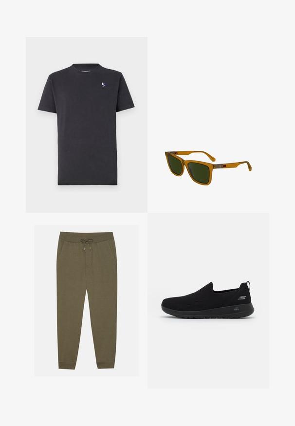 Sini takki tuulta suojaava korkea kaulus, kaksirivinen nappisulku, pitkät hihat ja sivutaskut. Valmistettu kevyestä, vedenpitävästä materiaalista.; Musta puuvillapaita, jossa on pyöreä kaula-aukko ja lyhyet hihat, ja vasemmassa rinnassa pieni monivärinen lintulogo.; Pitkähihainen paita tummansinisessä ja kermansävyisessä ruutukuosissa, napitettava kaulus, puuvillamateriaali, jossa on kaareva helma ja kontrastiväriset napit.; Oliivinvihreät jumppahousut, joissa on joustava vyötärö, nyörikiinnitys, sivutaskut ja kapenevat lahkeet. Valmistettu pehmeästä kankaasta, jossa on sileä tekstuuri.; Mustat liu'utettavat tennarit, joissa on hengittävä verkko-osa, pyöreä kärki ja pehmustettu kumipohja. Sivussa on logo.; Ruske läpinäkyvät aurinkolasit vihreillä linsseillä, suorakulmainen muoto, lievästi kulmikkaat temples, ja hopeanväriset metalliset yksityiskohdat varsissa.