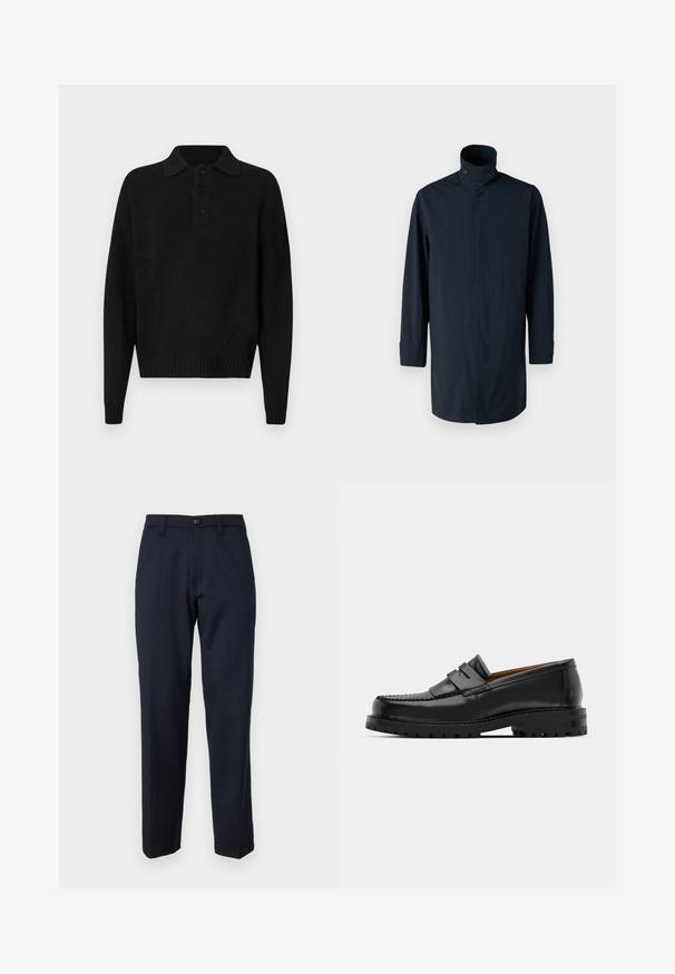 Marineblaue Windbreaker-Jacke mit hohem Kragen, Doppelknopfverschluss, langen Ärmeln und Seitentaschen. Hergestellt aus leichtem, wasserabweisendem Material.; Schwarzer langer Strickpullover mit Kragen und drei Knöpfen auf der Brust, gerippte Bündchen und Saum, auf einem weißen Hintergrund präsentiert.; Dunkelblaue Hose aus glattem Stoff, mit einem Knopf vorne, geradem Bein und seitlichen Taschen. Keine Muster oder Verzierungen sichtbar.; Schwarze Lederloafer verfügen über eine erhöhte Naht, zwei dekorative Riemen im oberen Bereich und eine dicke, strukturierte Sohle für zusätzlichen Halt.