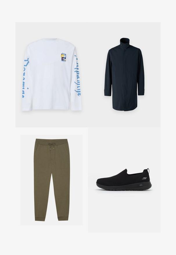 Tumesinine tuulejakken, millel on kõrge krae, topelt-nupuga kinnitamine, pikad varrukad ja küljetaskud. Valmistatud kergest, veekindlast kangast.; Pikkade varrukatega valge t-särk, mis on valmistatud puuvillast, sisaldab rinna peal väikest graafilist trükist ja sinist teksti mõlemal varrukal.; Oliivrohelised spordipüksid elastse vihaga, nööriga, küljetaskute ja kitsaste jalgadega. Valmistatud pehmest kangast, millel on sile tekstuur.; Mustad musta libisemisega sneaker, millel on hingav võrkkate, ümar varvas ja pehmendatud kummist tald. Külgedel on logo.