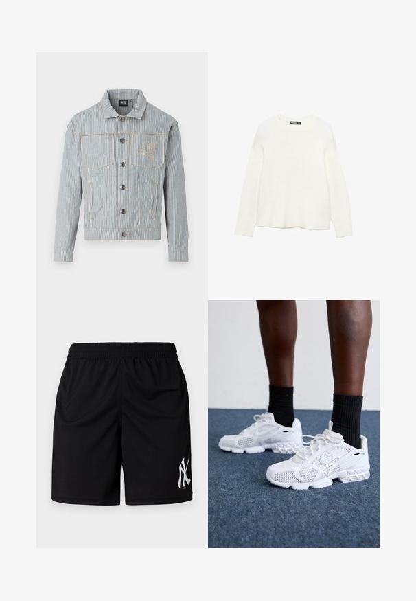 Pruhovaná džínsová bunda v modré a bílé barvě s předním zapínáním na knoflíky, dvěma náprsními kapsami a zlatým prošitím. Na hrudi se nachází vyšívané logo.; Bílý svetr vyrobený z měkkého, strukturovaného materiálu. Má kulatý výstřih a dlouhé rukávy. Rovný lem s uvolněným střihem.; Černé sportovní šortky s elastickým pasem, hladkou strukturou a bílým logem na levé nohavici. Standardní délka a volný střih.; Bílé sportovní boty s prodyšným svrškem, texturovanými akcenty a polstrovanou podrážkou. Spárovány s černými žebrovanými kotníkovými ponožkami na modrém kobercovém povrchu.
