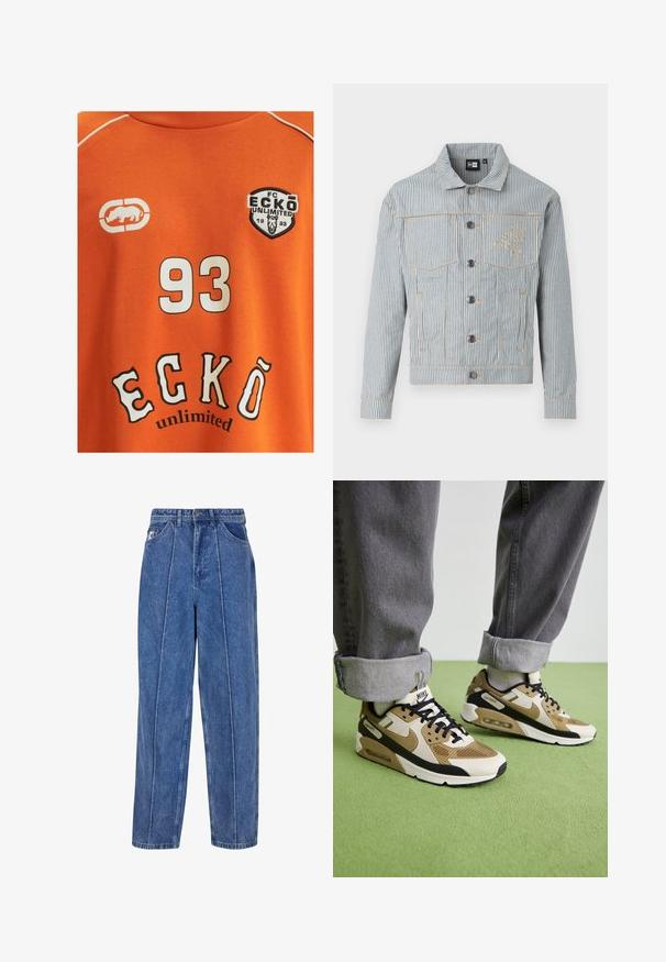 Gestreepte denimjack in blauw en wit met een knoopsluiting, twee borstzakken en gouden stiksel. Heeft een geborduurd logo op de borst.; Oranje katoenen t-shirt met een witte nummer "93" en "ECKŌ unlimited" in zwart-witte letters. Inclusief een logo met een neushoorn.; Blauwe denim spijkerbroek met een hoge taille, losse pasvorm en verticale witte stikseldetails. Voorzien van voorzakken en een merkpatch.; Nike Air Max 90 sneakers in beige en zwart, met een combinatie van mesh en leer, zichtbare demping en zwarte veters.