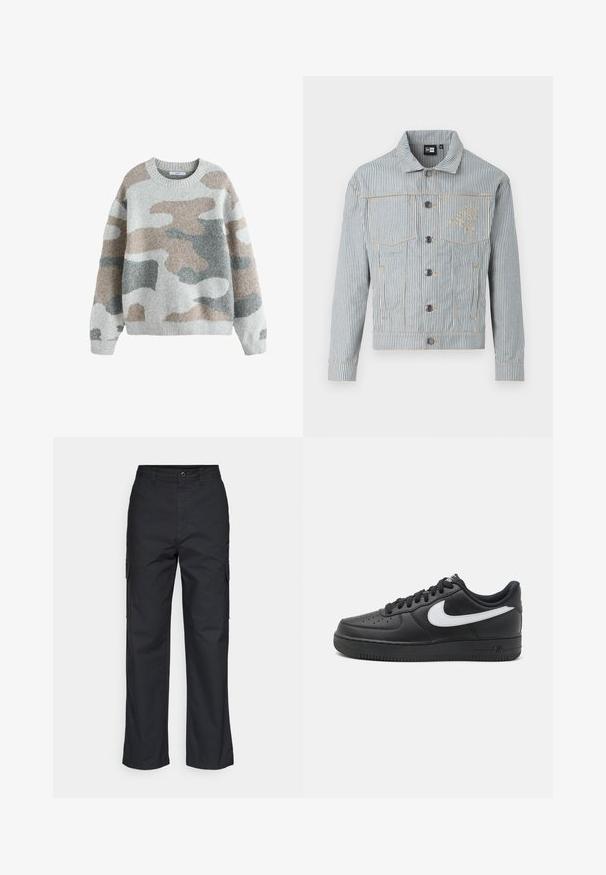 Stribet denimjakke i blå og hvid med knaplukning, to brystlommer og gylden sytråd. Har en logo-brodering på brystet.; Grå sweater med camouflage-mønster i nuancer af beige, lys grå og mørk grå. Har en rund halsudskæring og ribbede cuffs. Blød tekstur.; Sorte cargo bukser med lige ben i designet, der har sidelommer og et tekstureret stof. Knaplukning i taljen for en sikker pasform.; Sorte Nike Air Force 1 sneakers med en glat læderoverdel, hvid logoaccent, perforeret tå og struktureret gummisål.