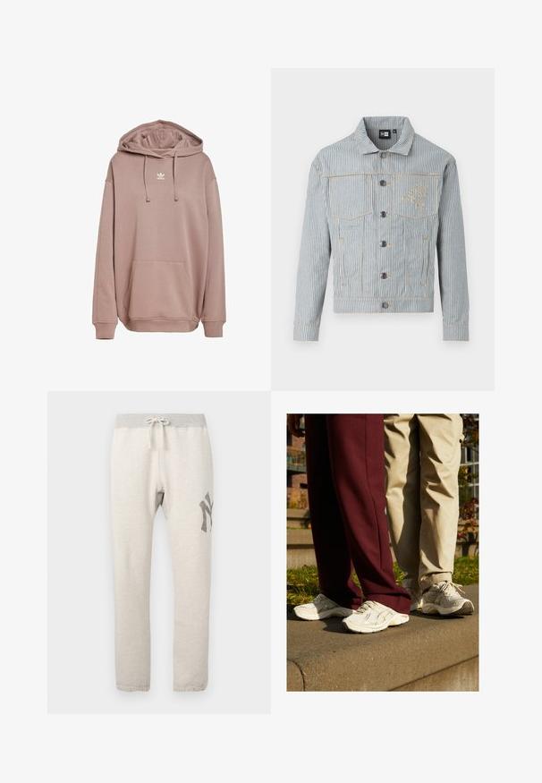 Giacca di jeans a righe blu e bianca con chiusura a bottoni, due tasche sul petto e cuciture dorate. Presenta un ricamo del logo sul petto.; Felpa con cappuccio color rosa tenue, realizzata in un materiale morbido. Presenta una tasca frontale, cappuccio regolabile con cordino e un logo bianco sul petto.; Pantaloni della tuta beige chiaro con una cintura elastica grigia, coulisse, tasche laterali e una grafica grigia scura sulla coscia sinistra.; ASICS SportStyle GT-2160 UNISEX - Sneakers basse - oatmeal/simply taupe