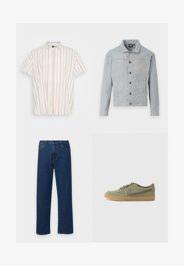Črtasta jeans jakna v modri in beli barvi z zapiranjem na gumb, dvema žepoma na prsih in zlatim šivom. Ima izvezeno logotip na prsih.; Srajca s kratkimi rokavi in gumbi iz belega blaga, ki ima ožje, navpične rdeče črte. Klasičen ovratnik in ravno zasnovan rob.; Temno modri jeans ravne krojenje z naprsnimi žepi in gumbom za zapiranje, prikazani na enostavni beli podlagi.; Zelena semiš superga s gumijastim podplatom, okroglo konico in vezavnim dizajnom. Značilna Nikejeva oznaka v temnejši zeleni barvi.