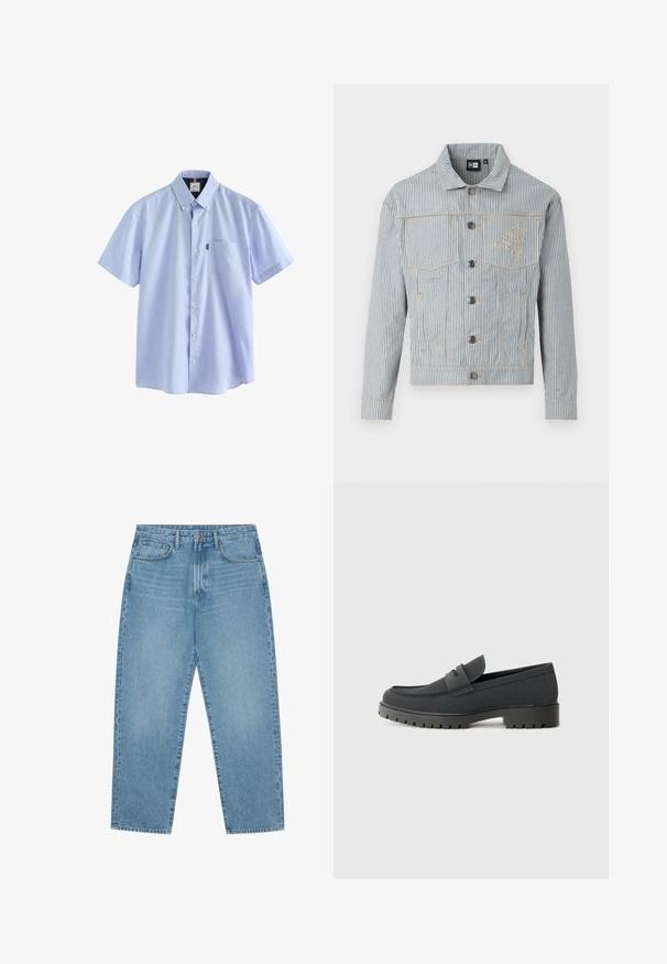 Sininen ja valkoinen raidallinen denim-takki, jossa on nappisuljenta, kaksi rintataskua ja kultaisia ompeleita. Takissa on logo-ompelu rintataskussa.; Next BUTTON DOWN OXFORD SHORT SLEEVE - REGULAR FIT - Vapaa-ajan kauluspaita - pale blue; Vaaleansiniset leveälahkeiset farkut korkealla vyötäröllä, joissa on viisi taskua, vyölenkit ja pehmeä, hieman haalistunut pinta.; Musta loafer-kengät, joissa on sileä, matta pinta, pyöreä kärki ja paksu, teksturoitu pohja. Korostettu etustrapilla.