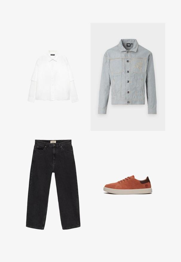 Gestreepte denimjack in blauw en wit met een knoopsluiting, twee borstzakken en gouden stiksel. Heeft een geborduurd logo op de borst.; Witte lange mouwen blouse van katoen met een knoopsluiting aan de voorkant, voorzien van een klassieke kraag en oversized mouwen met een relaxte pasvorm.; Zwarte spijkerbroek van denim met een relaxte pasvorm. Beschikt over vijf zakken, een knoopsluiting aan de voorkant en stikdetails. Licht vervaagde textuur.; Stijlvolle low-top sneakers van burnt orange suede met accenten van bruin leer en een contrasterende witte rubberen zool. Ronde neus en vijf oogjes voor veters.