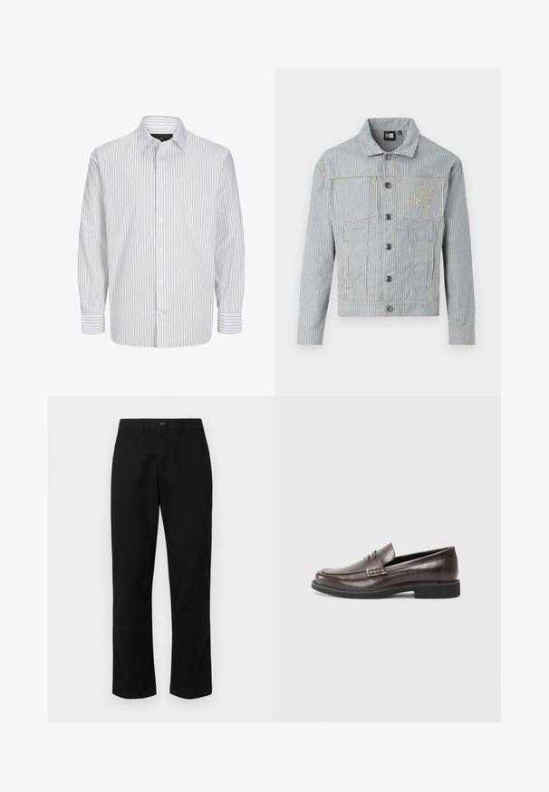 Pruhovaná džínsová bunda v modrej a bielej farbe s predným zapínaním na gombíky, dvoma náprsnými vreckami a zlatým prešívaním. Obsahuje výšivku loga na hrudi.; Bieleko dlhý rukáv košele s úzkymi vertikálnymi námorníckymi pruhmi. Má klasický golier a zapínanie na gombíky. Vyrobené z ľahkej látky.; GAP SLIM PERFORMANCE STRETCH - Nohavice chinos - true black; Hnedé kožené mokasíny s hladkým povrchom, so subtilným prešitím na hornom diele a čiernou gumovou podrážkou.