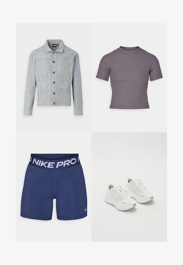 Prugasta traper jakna u plavoj i bijeloj boji s dugmadi sprijeda, s dva džepa na prsima i zlatnim šivenjem. Ima izvezeno logo na prsima.; Majica kratkih rukava s visokim ovratnikom od rebrastog, sivog materijala. Prilagođeni dizajn s ravnim šavovima i glatkom teksturom. Nema uzoraka niti grafika.; Tamno plave Nike Pro kratke hlače s širokim pojasom na kojem se nalazi bijeli tekst "NIKE PRO" i mali bijeli logo na donjoj desnoj strani. Glatka tekstura tkanine.; Bijele sportske tenisice s teksturiranim mrežastim gornjim dijelom, podstavljenom potplatom i suptilnim sivim naglascima. Uključuju brendiranje i petlju na peti za lakše obuvanje.