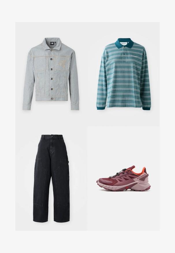Črtasta jeans jakna v modri in beli barvi z zapiranjem na gumb, dvema žepoma na prsih in zlatim šivom. Ima izvezeno logotip na prsih.; Polo majica z dolgimi rokavi v teal in beli barvi z brezhibno črtastim vzorcem. Ima enakobarvni ovratnik, gumbno zapiranje ter vezeno logo na prsih.; Črne široke kavbojke iz denima s visokim pasom, dvema velikima sprednjima žepoma in gumbom za zapiranje na pasu. Gladka tekstura, sproščen dizajn.; Pohodni čevlji za tek v burgundski in roza barvi. Imajo mrežast zgornji del, lahko podplat in dinamično oprijemljive zobe. Vključeni so elastični vezalni sistem.