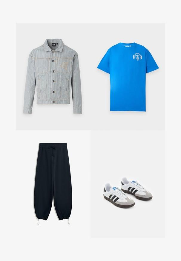 Kék és fehér csíkos farmerdzseki, gombos elülső résszel, két mellzsebbel és aranyozott varrással. A mellkason logó hímzés található.; Kék pamut póló rövid ujjakkal. Elöl fehér grafikával díszített, amelyen egy fejhallgatós karakter és egy ív látható.; Fekete melegítőnadrág puha anyagból, elasztikus derekú, zsinórral állítható, szűkített szárakkal és oldalsó zsebekkel.; Fehér bőr felsőrészes sportcipő, szürke velúrból készült orral és három fekete csíkkal. Jellemzője a kék logó a nyelvén és egy texturált gumitalp.