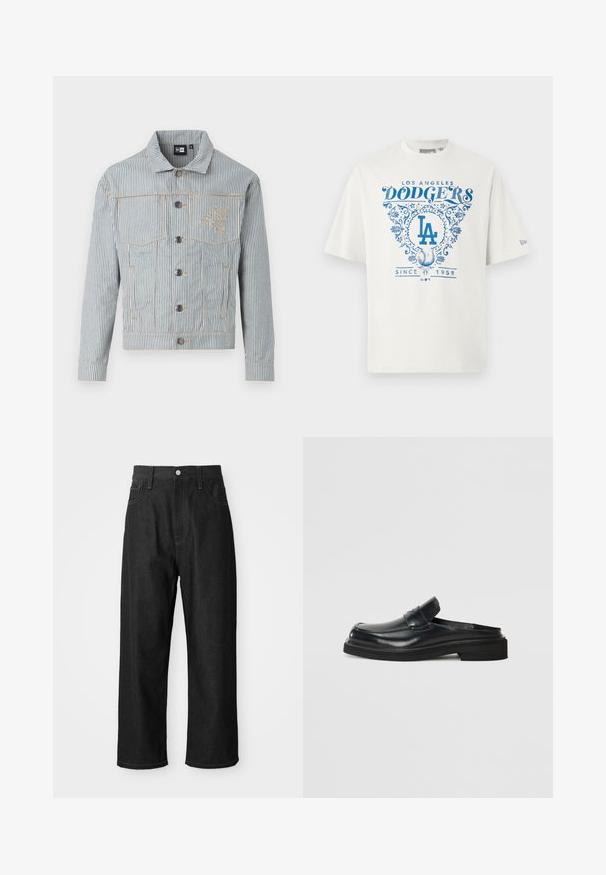 Striped denim jacket in blue and white with a button front, two chest pockets, and golden stitching. Features a logo embroidery on the chest.; White cotton t-shirt featuring blue graphic text "LOS ANGELES DODGERS" and "SINCE 1958" with floral accents and "LA" logo in center.; Black denim pants with a relaxed fit, high waist, zipper closure, and five-pocket design. Visible stitching accents throughout.; Black leather slip-on shoe with a rounded toe, a raised front panel, and a thick rubber sole. Smooth texture with minimal detailing.