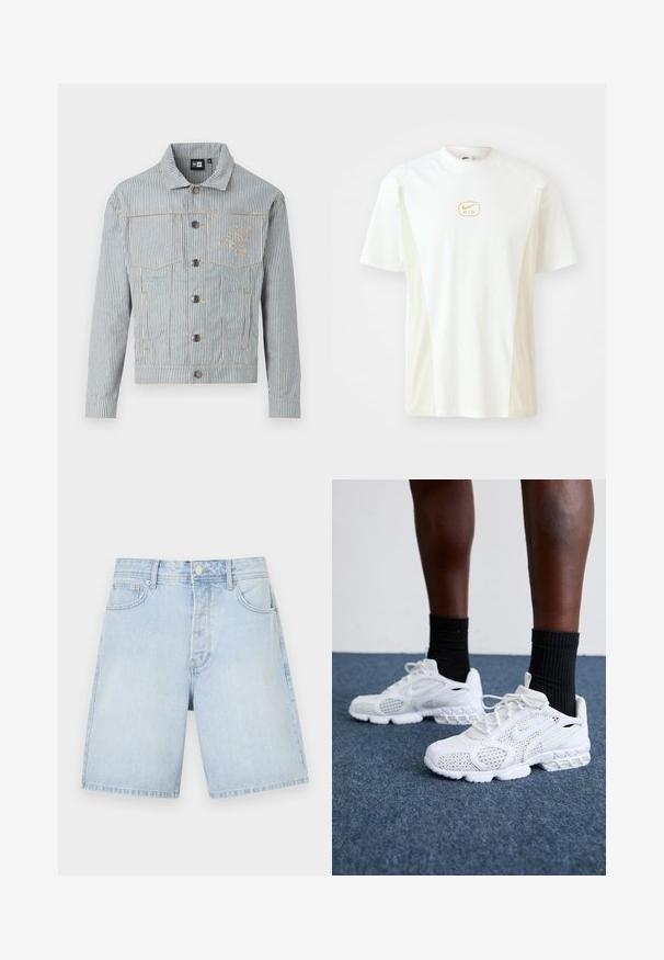 Stripet denimjakke i blått og hvitt med knappestolpe, to brystlommer og gyllen søm. Har logo-broderi på brystet.; Kortermet t-skjorte med rund hals i hvit og lys beige. Har en liten gull Nike-logo på brystet og en glatt bomullsstruktur.; Lyseblå denimshorts med rett snitt, med frontlommer, knappelukking og uformell søm. Glatt tekstur uten mønstre.; Hvite joggesko med mesh-overdel, teksturerte detaljer og polstret såle. Kombinert med svarte ribbede ankelstrømper på et blått teppet.