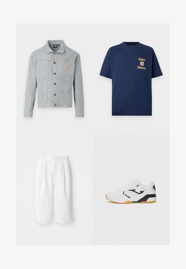 Ziliem denim jaka zilā un baltā krāsā ar pogu aizdari, divām krūšu kabatām un zeltainiem izšuvumiem. Iekļautas logo izšuvums uz krūšu daļas.; Tumši zila kokvilnas T-krekls ar īsām piedurknēm, ar zelta tekstu "Carhartt University" un logo uzšuvumu kreisajā krūtī.; Bianchi šorti ar elastīgu jostu un auklu, izlikti uz vienkārša, gaiša fona. Piemēroti ikdienai vai siltam laikam.; Baltas sporta apavi ar melniem akcentiem, teksturēts sieta augšdaļa, perforācijas gaisa caurlaidībai, bieza gumijas zole un saistoša dizaina.