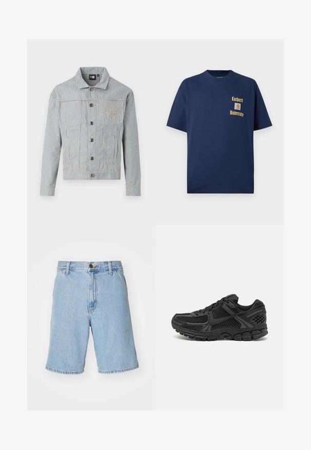 Pruhovaná džínsová bunda v modré a bílé barvě s předním zapínáním na knoflíky, dvěma náprsními kapsami a zlatým prošitím. Na hrudi se nachází vyšívané logo.; Námořnická modrá bavlněná tričko s krátkým rukávem, se zlatým textem "Carhartt University" a nášivkou na levé hrudi.; Světle modré denimové šortky s volným střihem, s zipovým zapínáním, knoflíkovým uzávěrem a čtyřmi kapsami. Tkanina má hladký povrch.; Černá sportovní bota s síťovinovým svrškem, gumovou podrážkou a texturovanými akcenty. Design zahrnuje výrazný systém šněrování a polstrovanou podrážku.