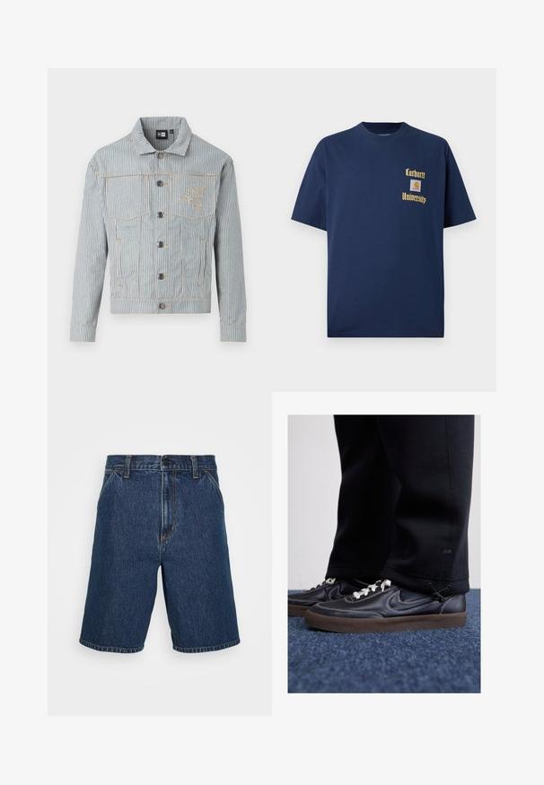 Randig denimjacka i blått och vitt med knappframsida, två bröstfickor och gyllene sömmar. Har en logotyp broderad på bröstet.; Marinblå bomull t-shirt med korta ärmar, med guldtexten "Carhartt University" och en logopatch på vänster bröst.; Jeansshorts i mörkblått med rak skärning. Har gula sömmar och en klassisk femfickdesign. Regular midja och fållade kanter.; Nike Sportswear KILLSHOT 2 LTR PRM OPP2 - Sneakers - black sail baroque brown mtlc dk grey