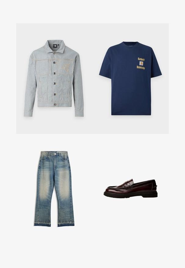 Črtasta jeans jakna v modri in beli barvi z zapiranjem na gumb, dvema žepoma na prsih in zlatim šivom. Ima izvezeno logotip na prsih.; Navy modra bombažna majica s kratkimi rokavi, z zlatim napisom "Carhartt University" in logotipom na levem prsnem delu.; Svijetloplave traperice s blagim izbljeđenjem, ravnog kroja, sa pet džepova i sirovim rubovima. Nema vidljivih metalnih detalja.; Rjave usnjene loafer čevlje z zaobljenim nosom, podrobnim šivanjem in gumijastim podplatom. Imajo okrasni trak in gladko teksturo.