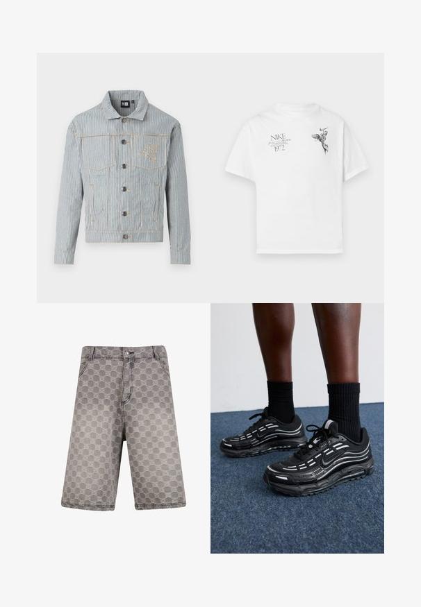 Črtasta jeans jakna v modri in beli barvi z zapiranjem na gumb, dvema žepoma na prsih in zlatim šivom. Ima izvezeno logotip na prsih.; Bela bombažna majica s črnim grafičnim potiskom krilate figure in besedilom, z okroglim izrezom in kratkimi rokavi.; Sive oljene kratke hlače z okroglim vzorcem, s tradicionalnim dizajnom petih žepov in vidnimi šivi.; Črne Nike čevlje imajo mrežasto zgornji del z naglasnimi črtami, teksturirane vezalke in črn gumijast podplat. Nosijo se s črnimi rebrastimi nogavicami.