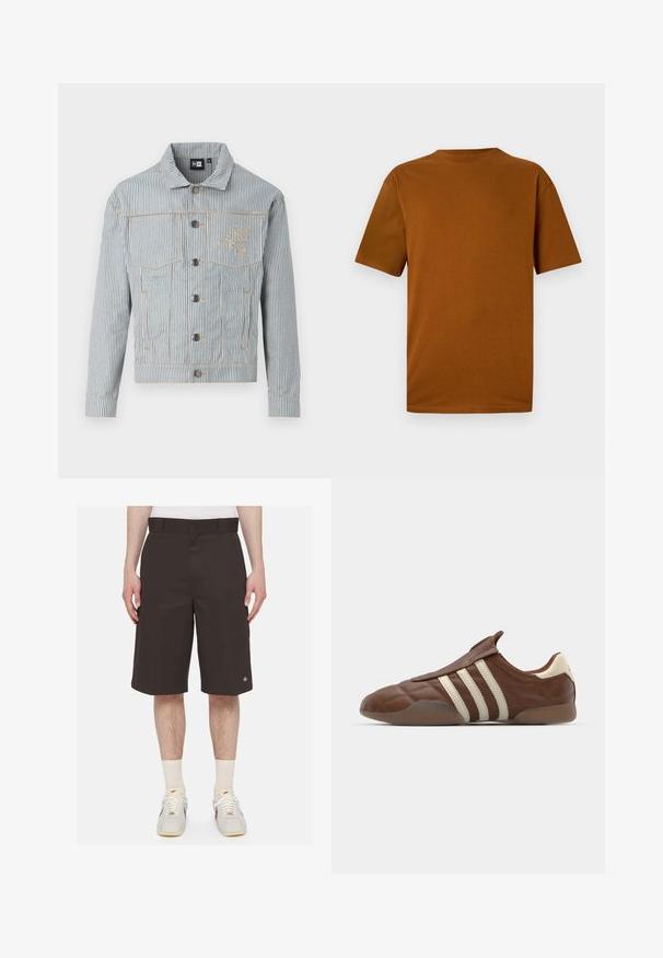 Striped denim jacket in blue and white with a button front, two chest pockets, and golden stitching. Features a logo embroidery on the chest.; Short-sleeve t-shirt in burnt orange cotton. Features a crew neck, relaxed fit, and smooth texture with no patterns or embellishments.; Dark brown shorts made of sturdy fabric, feature a straight fit, mid-thigh length, and embroidered logo on the left leg.; adidas Originals TAEKWONDO MEI - Slip-ons - preloved brown/cream white