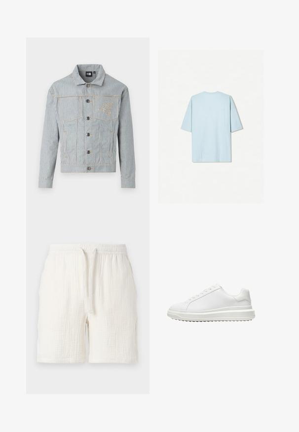 Gestreepte denimjack in blauw en wit met een knoopsluiting, twee borstzakken en gouden stiksel. Heeft een geborduurd logo op de borst.; Lichtblauw katoenen t-shirt met een ronde hals, korte mouwen en een eenvoudig achterkantontwerp met een kleine horizontale naaddetail.; Lichte, witte katoenen shorts met een elastische tailleband en een trekkoord, voorzien van een kreukelige textuur en een losse pasvorm.; Witte sneaker met een glad synthetisch bovenwerk, ronde neus, platte veters, gestructureerde zool en een gelaagd, platformontwerp voor extra hoogte.