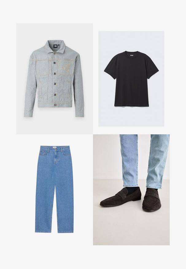 Pruhovaná džínsová bunda v modrej a bielej farbe s predným zapínaním na gombíky, dvoma náprsnými vreckami a zlatým prešívaním. Obsahuje výšivku loga na hrudi.; Čierne tričko s krátkym rukávom vyrobené z bavlny. Má okrúhly výstrih a voľný strih. Jednoduchý dizajn bez vzorov alebo akcentov.; Svetlomodré denimové nohavice s rovnými nohavicami, dizajnom s piatimi vreckami, zapínaním na jeden gombík a jemnými švovými detailmi.; Tmavo hnedé semišové mokasíny s plochou podrážkou a širokým pásikom cez vrch. Nosené s svetlomodrými denimovými džínsami a čiernymi ponožkami.