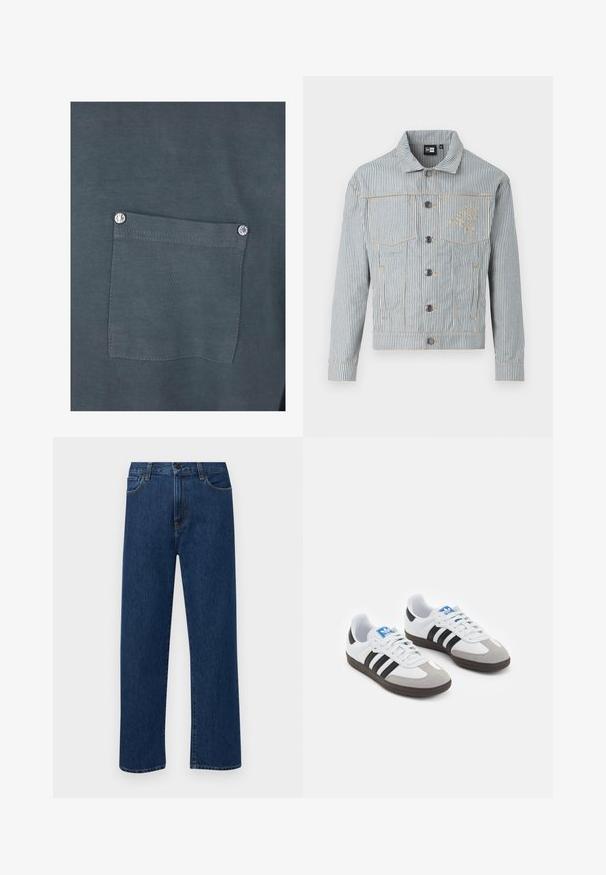 Chaqueta de mezclilla a rayas en azul y blanco con cierre de botones, dos bolsillos en el pecho y costuras doradas. Cuenta con un bordado de logo en el pecho.; Camiseta de algodón gris oscuro con un bolsillo en el pecho con un botón a presión plateado y una textura suave. Se pueden ver los detalles de las costuras alrededor del bolsillo.; Jeans de denim de pierna recta en azul oscuro con bolsillos delanteros y cierre de botón, exhibidos sobre un fondo blanco liso.; Zapatillas deportivas con parte superior de piel blanca, puntera de ante gris y tres rayas negras. Presentan un logo azul en la lengüeta y una suela de goma texturizada.