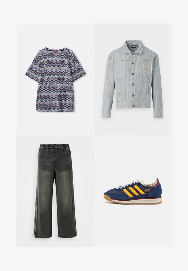 Pruhovaná džínsová bunda v modré a bílé barvě s předním zapínáním na knoflíky, dvěma náprsními kapsami a zlatým prošitím. Na hrudi se nachází vyšívané logo.; Košile s krátkým rukávem s mnohobarevným zigzag vzorem v odstínech modré, černé, růžové a bílé, položená na bílém pozadí.; Černé prané denimové kalhoty s elastickým pasem a širokými nohavicemi, s jemnými vertikálními švy na bocích.; Námornická semišová teniska s žlutými pruhy, bílými tkaničkami a burgundskými akcenty. Texturovaná podrážka s drážkami pro lepší přilnavost. Logo značky na boku.