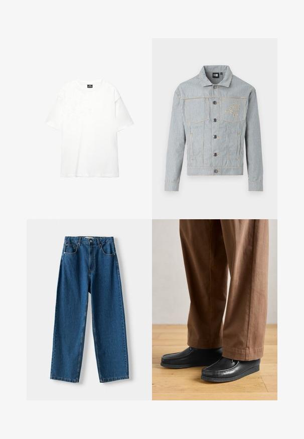 Pruhovaná džínsová bunda v modrej a bielej farbe s predným zapínaním na gombíky, dvoma náprsnými vreckami a zlatým prešívaním. Obsahuje výšivku loga na hrudi.; Biela oversize tričko vyrobené z jemnej, hladkej bavlny; má krátke rukávy, okrúhly výstrih a čistý, neupravený dizajn.; Modré džínsy s vysokým pásom a rovnými nohavicami, s gombíkom a zipsom na zapínanie, piatimi vreckami a kontrastným prešívaním.; Čierne kožené topánky s mokasínovým dizajnom a šitím, v kombinácii s hnedými nohavicami, na drevenej podlahe.