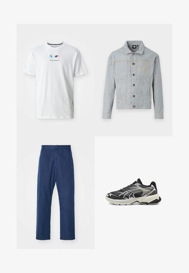 Sinine ja valge triibuline teksajakk, millel on nööpidega esiosa, kaks rinna taskut ja kuldne tikand. Rinna peal on logo tikand.; Valge puuvillane T-särk, millel on BMW logo, hall "Motorsport" tekst ja värvilised aktsendid külgedel. Lühikesed varrukad ja ühe otsa kraed.; Tumed sinine, sirge jalgadega püksid, mis on valmistatud puuvillast. Ees olev nupuleping, peene tekstuur ja küljetaskud, samuti vöökohad.; Must värvi spordijalats, millel on võrkkangas ja sünteetilised lisandid, sealhulgas pehme kaelus, tekstuuriga tald ja hõbedased aktsendid voolujoonelises disainis.