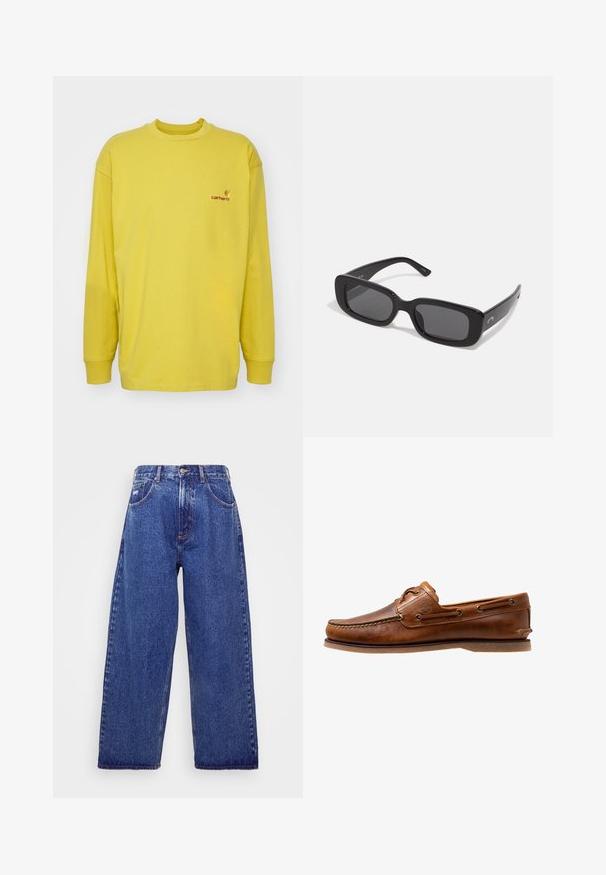 Striped denim jacket in blue and white with a button front, two chest pockets, and golden stitching. Features a logo embroidery on the chest.; Long-sleeve yellow shirt made from cotton, featuring a crew neck and a small Carhartt logo in red on the left chest area.; Wide-leg, blue denim jeans with a high waist, featuring five pockets, a button closure, and subtle fading for texture.; Brown leather boat shoe with stitched accents, featuring metal eyelets, a raised seam on the toe, and a flat rubber sole.; Black rectangular sunglasses with dark lenses, smooth plastic frames, and wide arms. Subtle branding on the side.