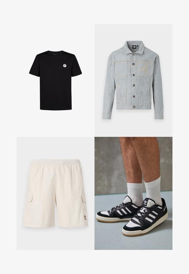Gestreifte Jeansjacke in Blau und Weiß mit Knopfleiste, zwei Brusttaschen und goldenem Nähen. Verfügt über eine Logo-Stickerei auf der Brust.; Schwarzes Baumwoll-T-Shirt mit kurzen Ärmeln und Rundhalsausschnitt. Verfügt über ein kleines kreisförmiges Logo auf der linken Brustseite. Einfaches Design.; Beige Cargo-Shorts mit elastischem Bund, zwei Seitentaschen und einem kleinen Logo auf der unteren rechten Seite. Glattes, leichtes Material.; Schwarz-weiße Sneaker mit einem Obermaterial aus Wildleder und Leder, ausgestattet mit drei weißen Streifen, einer perforierten Zehenpartie und einer Sohle aus Gummi.