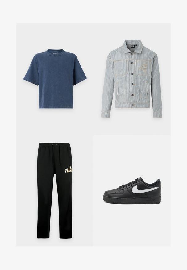 Randig denimjacka i blått och vitt med knappframsida, två bröstfickor och gyllene sömmar. Har en logotyp broderad på bröstet.; Bomull T-shirt i mörkblått, med rundad halsringning, korta ärmar och en avslappnad passform. Slät textur med rena sömnadsdetaljer.; Svarta mjukisbyxor av mjukt tyg med resår i midjan och dragsko, avsmalnande ben och en guldinbroderad "nike"-logotyp.; Svarta Nike Air Force 1-sneakers med en slät läderövre del, vit logotypdetalj, perforerad tå och strukturerad gummisula.