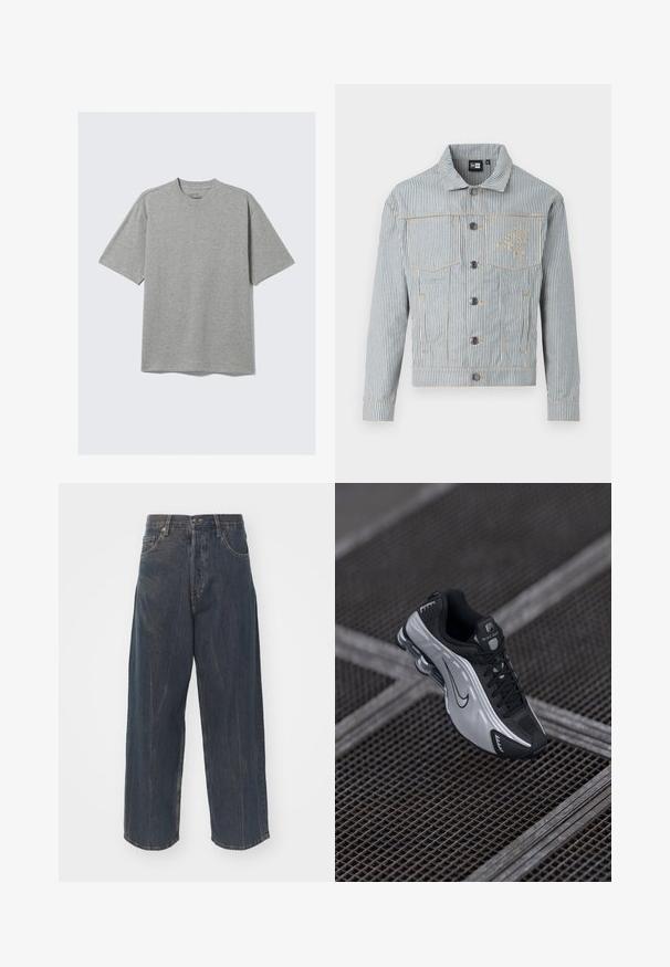 Stripet denimjakke i blått og hvitt med knappestolpe, to brystlommer og gyllen søm. Har logo-broderi på brystet.; Kortermet grå t-skjorte laget av myk bomullsblanding, med rund hals og avslappet passform uten synlige mønstre eller detaljer.; Bredde ben mørkeblå denimjeans med subtil slitt tekstur, fem lommer, og en klassisk knapp- og glidelås-feste i livet.; Nike treningssko med svart og sølv design. Laget av syntetisk materiale med mesh-detaljer og en støttende såle med synlig luftpute.