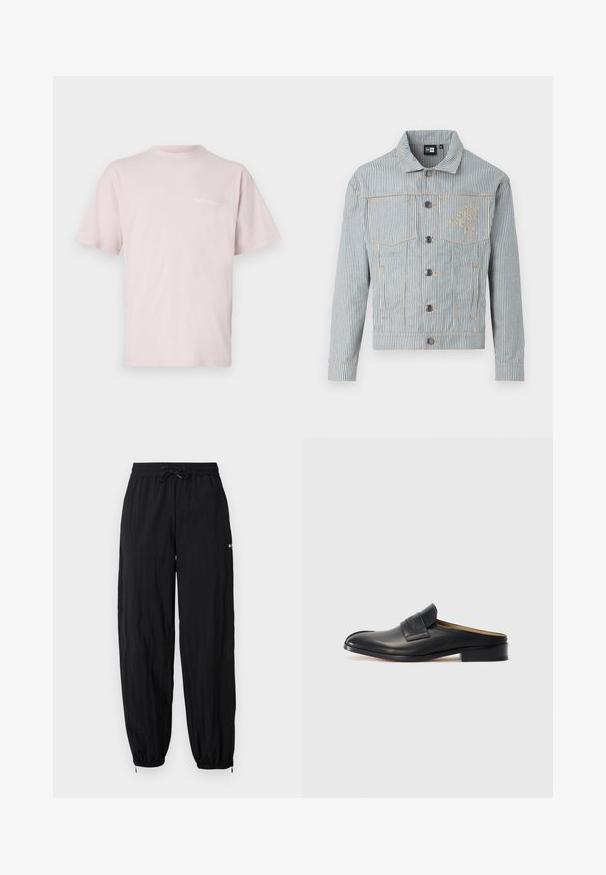Pruhovaná džínsová bunda v modré a bílé barvě s předním zapínáním na knoflíky, dvěma náprsními kapsami a zlatým prošitím. Na hrudi se nachází vyšívané logo.; Světle růžové bavlněné tričko s krátkými rukávy, kulatým výstřihem a bílým nápisem "NoProblemo" potištěným na přední straně.; Černé, lehké sportovní kalhoty s elastickým pasem, nastavitelnou šňůrkou a zúženými kotníky. Obsahují jemný detail loga.; Černá kožená slip-on obuv s kulatou špičkou, nízkým blokovým podpatkem a předním páskem. Hladký povrch s jemným logem na pásku.