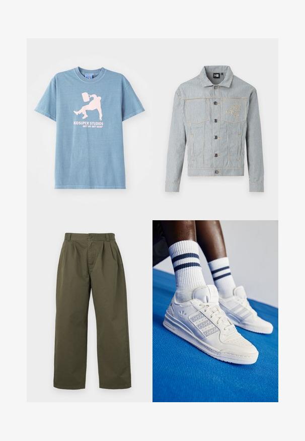 Gestreepte denimjack in blauw en wit met een knoopsluiting, twee borstzakken en gouden stiksel. Heeft een geborduurd logo op de borst.; Lichtblauwe katoenen t-shirt met ronde hals, korte mouwen en een bedrukt grafisch ontwerp in het roze met een persoon die een emmer vasthoudt.; Olijfgroene katoenen broek met een rechte snit, voorplooien en een knoopsluiting bij de taille. Geen zichtbare zakken.; Witte leren sneakers met geperforeerde accenten, drie metalen strepen en een textuurpanel aan de zijkant. Draagt met witte sokken met blauwe strepen.