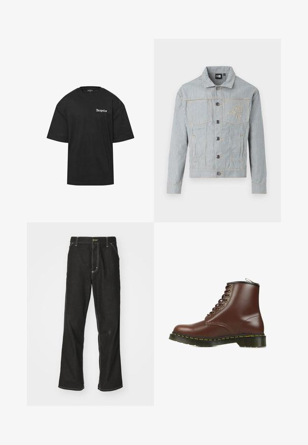 Gestreepte denimjack in blauw en wit met een knoopsluiting, twee borstzakken en gouden stiksel. Heeft een geborduurd logo op de borst.; Zwarte katoenen T-shirt met ronde hals en korte mouwen. Met witte "Dropsize" tekst op de linkerborst. Eenvoudige en relaxte pasvorm.; Zwarte denim jeans met een losse pasvorm, voorzien van contrasterende witte stiksels, een knoopsluiting en een recht ontwerp.; Bruine leren enkelboot met een ronde neus, voorzien van zwarte accenten, gouden oogjes en een gele stiksels langs de zool.