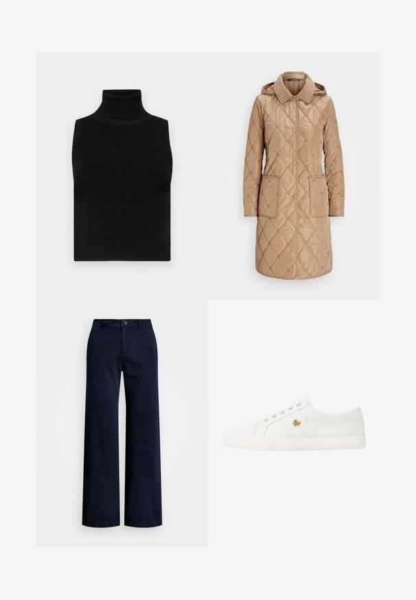 Beige quiltet kåpe med hette, med en cordfløyelskrage, trykknapper og to frontlommer. Glatt tekstur med diamantmønster.; Svart ermløs turtleneck topp med ribbet tekstur og tettsittende design. Glatt stoff med høy hals og ingen ekstra detaljer.; Lauren Ralph Lauren COTTON TWILL WIDE LEG PANT - Bukse - navy; Lauren Ralph Lauren JANSON II CANVAS SNEAKER - Joggesko - optic white