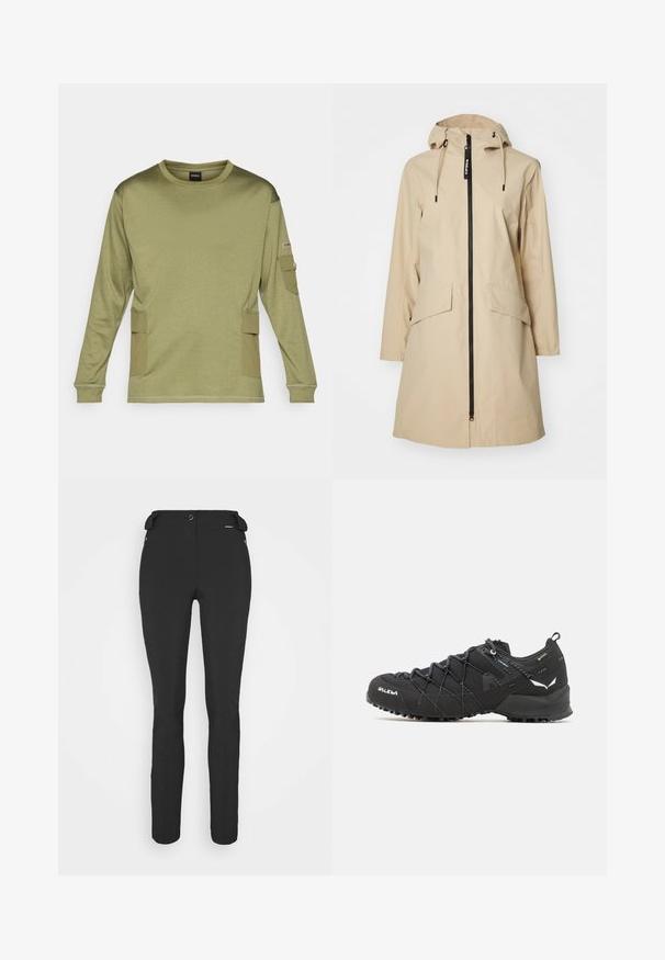 Beige rain jacket with a hood, long sleeves, a front zipper, and two large front pockets. Features drawstrings on the hood for adjustment.; Long-sleeve olive green shirt made from textured fabric, featuring side pockets and ribbed cuffs. Simple crew neck design.; Black, fitted pants made from a flexible material. Features include a zippered side pocket, articulated knees, and a smooth texture.; Black hiking shoes with a textured fabric upper, lacing system, and rugged rubber sole. Accented with reflective details and logos.