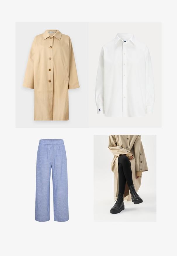 Bežna bombažna trenč plašč s pravim krojem, velikim ovratnikom, štirimi rjavimi gumbi in stranskimi žepi. Gladka tekstura in minimalističen dizajn.; Bela srajca s dolgimi rokavi, klasičen ovratnik in majhna modra oznaka na manšeti. Gladko bombažno blago, strukturirana prileganje.; Svijetloplave, prugaste hlače širokog kroja s elastičnom gumicom u struku. Izrađene od prozračnog materijala, sa glatkom i mekanom teksturom te ležernim krojem.; Črne usnjene gležnjarje z vezalkami, povišano platformo in teksturiranimi črnimi legicami, nosijo z svetlo bež trench plaščem.