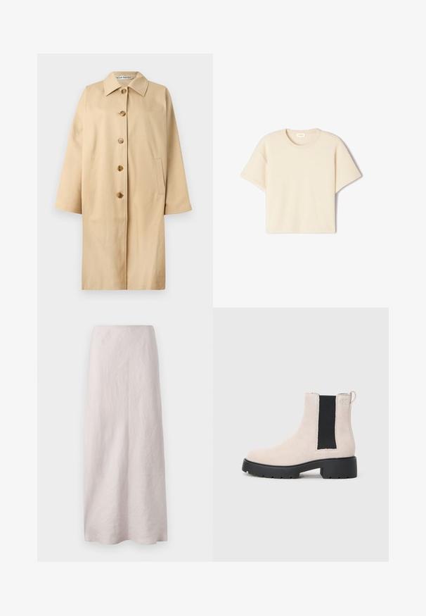 Trench en coton beige avec une coupe droite, un grand col, quatre boutons marron et des poches latérales. Texture lisse et design minimaliste.; T-shirt beige à manches courtes en tissu doux, avec un col rond et une coupe décontractée, présentant une texture subtile et sans motifs visibles.; Jupe maxi en lin rose pâle au design épuré et droit. Le tissu présente une surface légèrement texturée et une taille élastique.; Bottine Chelsea en suède beige avec panneau latéral élastique noir, semelle épaisse noire et languette au niveau de la cheville.