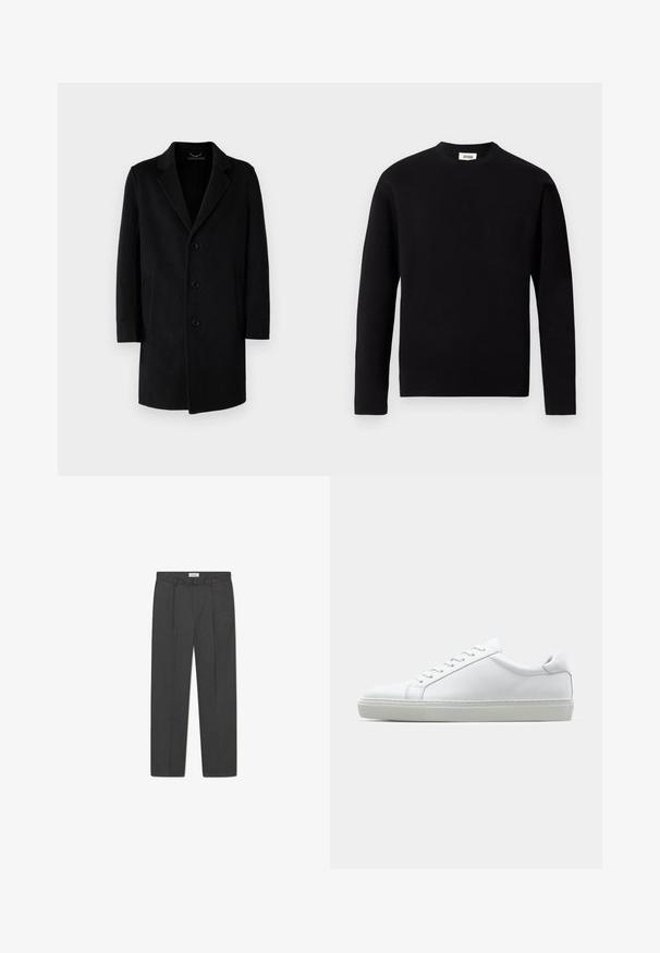 Črni volneni plašč z izrezanim ovratnikom, zapiranjem na pet gumbov, stranskimi žepe in ravnim krojem z dolgimi rokavi.; Črna dolga majica s pouzdanim ovratnikom iz mehke tkanine. Ima žep na levi prsni strani in ravno obrobo z minimalnimi teksturnimi podrobnostmi.; Sive prilagojene hlače z diskretno karo vzorcem, teksturiranim tkanjem in sprednjimi gubami, ki imajo pas z zankami za pas.; Bela športna obutev z gladkim usnjenim zgornjim delom in nizkim profilom. Ima zaokrožen nos, šest lukenj za vezalke in teksturiran gumijast podplat.