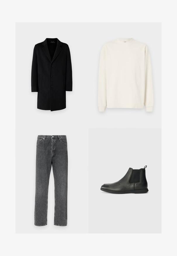 Cappotto nero in lana con colletto a rever, chiusura a cinque bottoni, tasche laterali e silhouette dritta con maniche lunghe.; Maglia a maniche lunghe in maglia a coste di colore bianco sporco, con scollatura a girocollo e polsini aderenti, caratterizzata da una silhouette morbida.; Jeans in denim grigio con vestibilità dritta, dotati di cinque tasche, chiusura con bottone davanti e cuciture a contrasto lungo le cuciture.; Stivaletti in pelle nera con una texture liscia, pannelli laterali elastici e una linguetta sul retro. Punta rotonda e suola in gomma.